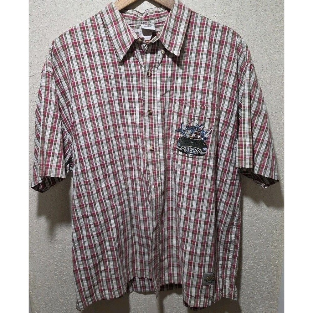 Vtg Warner Bros Plaid Button Up Men Shirt Tazmanian Devil  Reel Devils Xxl Fish